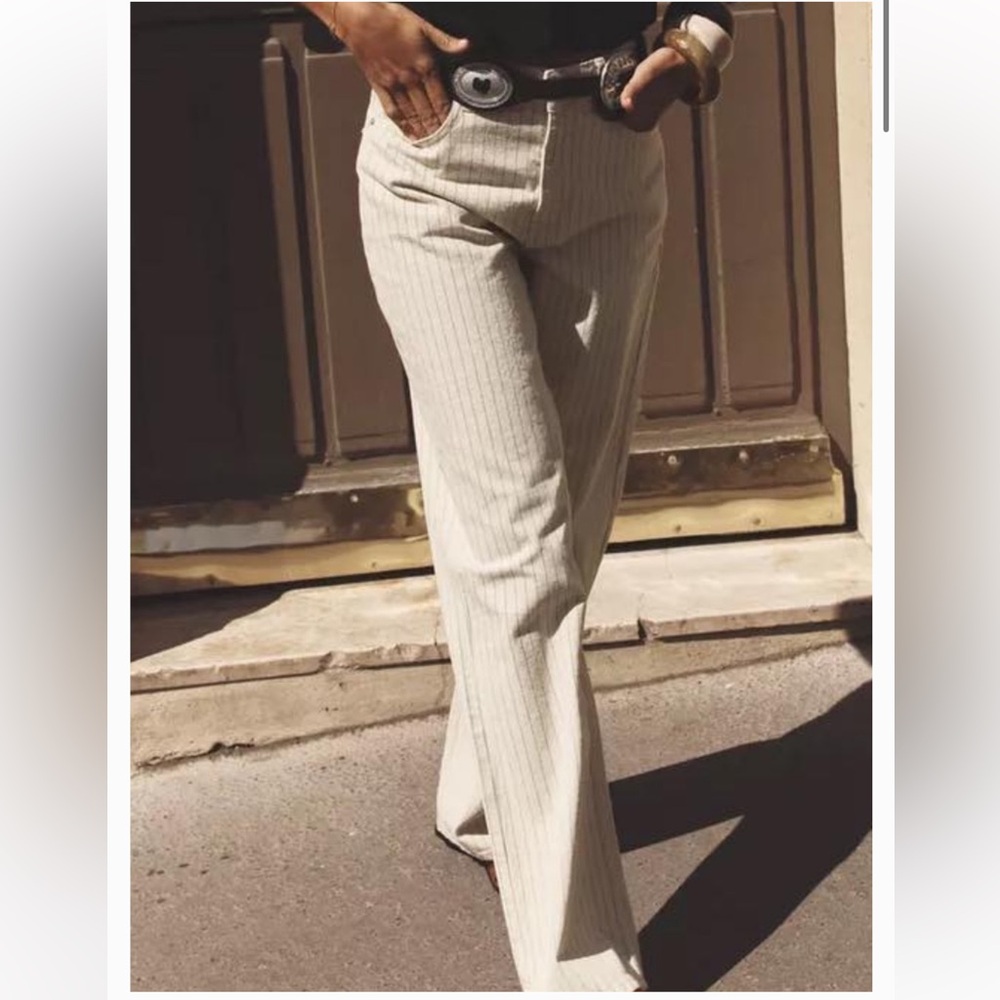 New Zara Cream Pinstripe Straight Leg Pants Cotton Denim Womens 4/W26 High Rise
